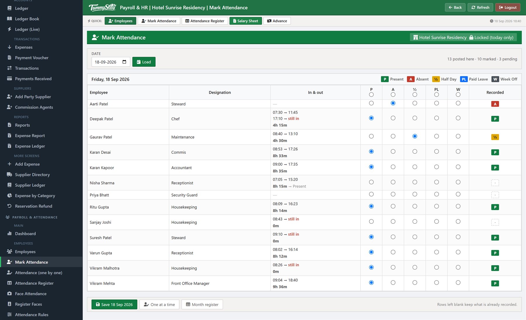 Payroll attendance screen
